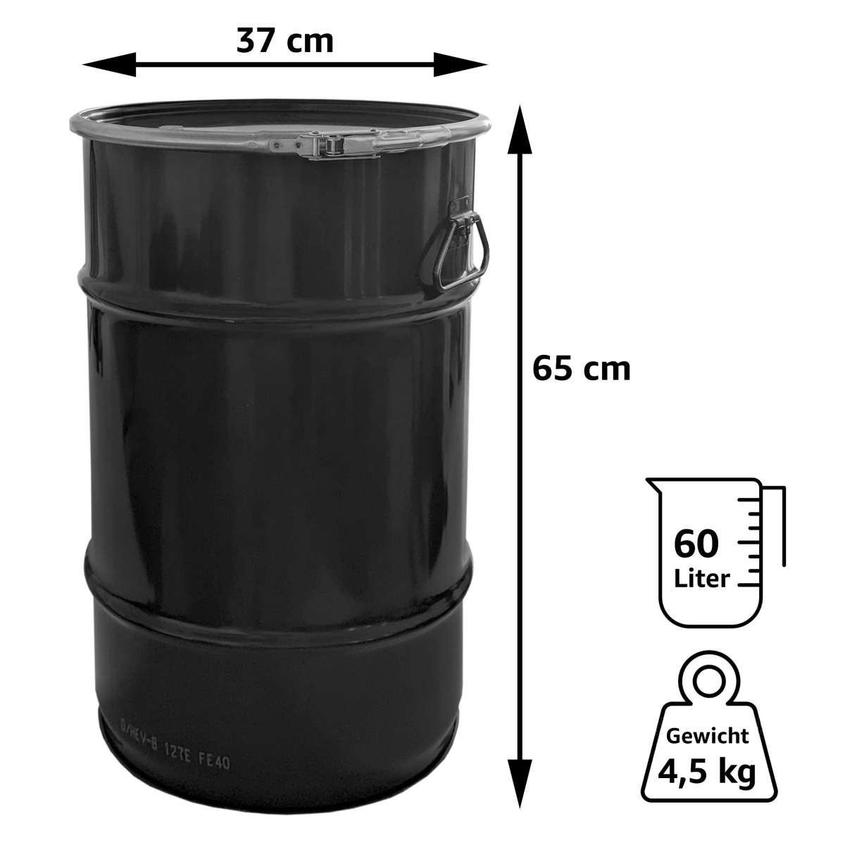 Stahlfass 60 Liter Deckelfass Tiefschwarz | Hobbock Metall Blechfass